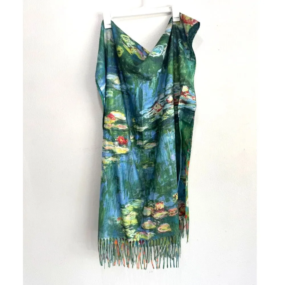 Scarf wool Viscose blend Monet painting reversible water lily art to wear women